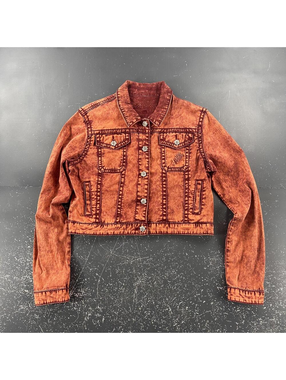 Rose Royce Denim Jacket Womens XL Burnt Orange Acid Wash Jackie Biker Trucker